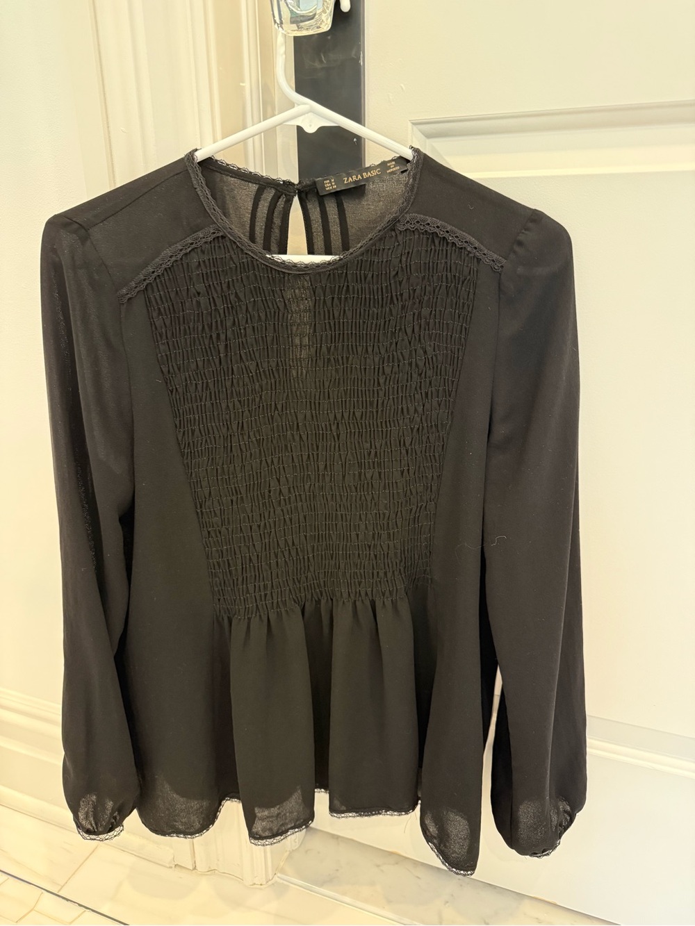 Zara Black Long-Sleeve Smocked Peplum Blouse